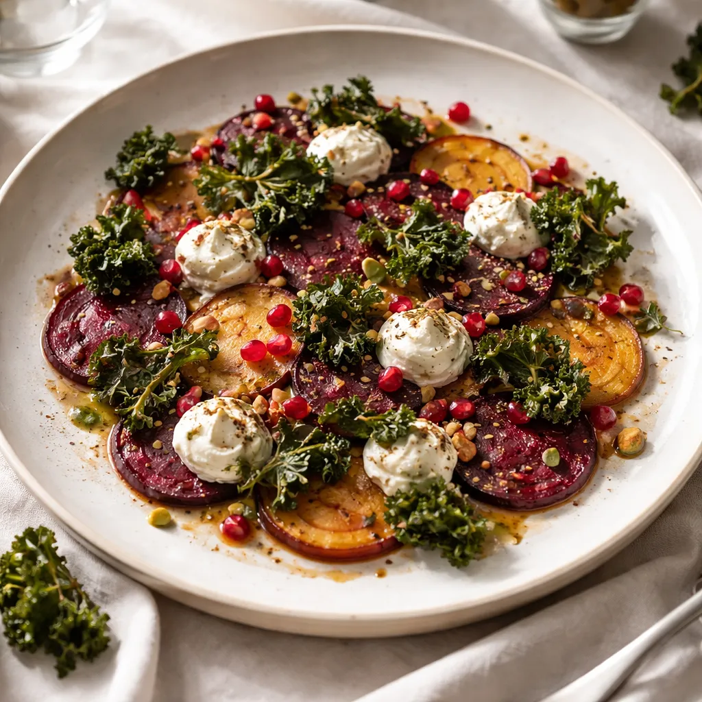 Recipe for: Elegant roasted beet carpaccio with goat cheese cream, kale chips, and pomegranate - photo 1