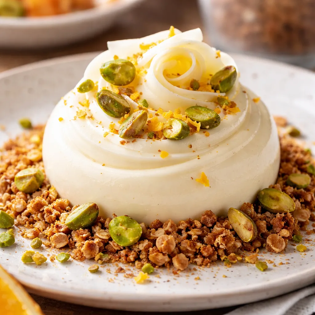 White chocolate mousse with a hint of orange on an oat-almond crumble with roasted pistachios - photo 1