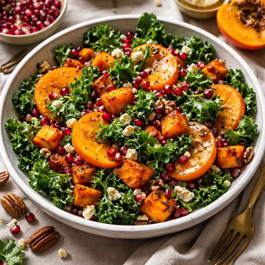 Sałatka zimowa z pieczoną dynią piżmową, kaki, granatem i jarmużem - zdjęcie 1