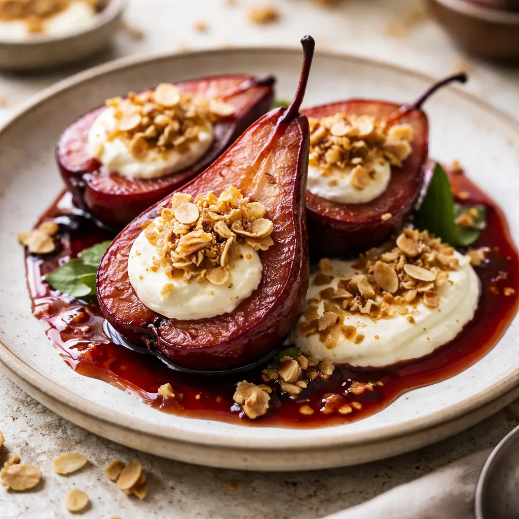 Recipe for: Baked pears in red wine with mascarpone cream and almond crumble - photo 1