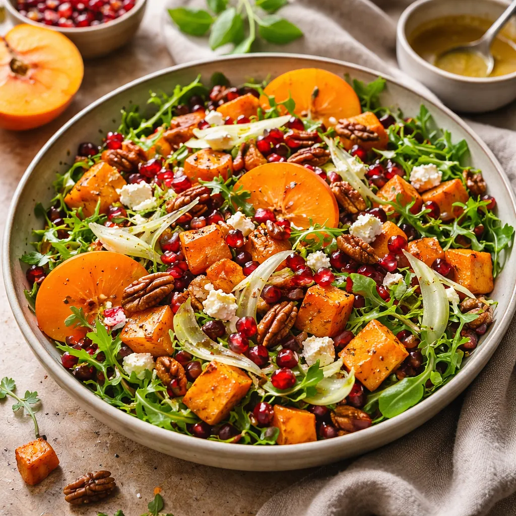 Quick Winter-Autumn Salad with Persimmon, Roasted Sweet Potato, Fennel, and Pomegranate - photo 1