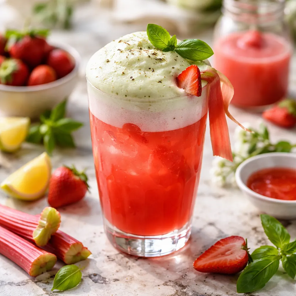 Spring rhubarb-strawberry cocktail with basil aquafaba foam (variant ca2a18ac) - photo 1