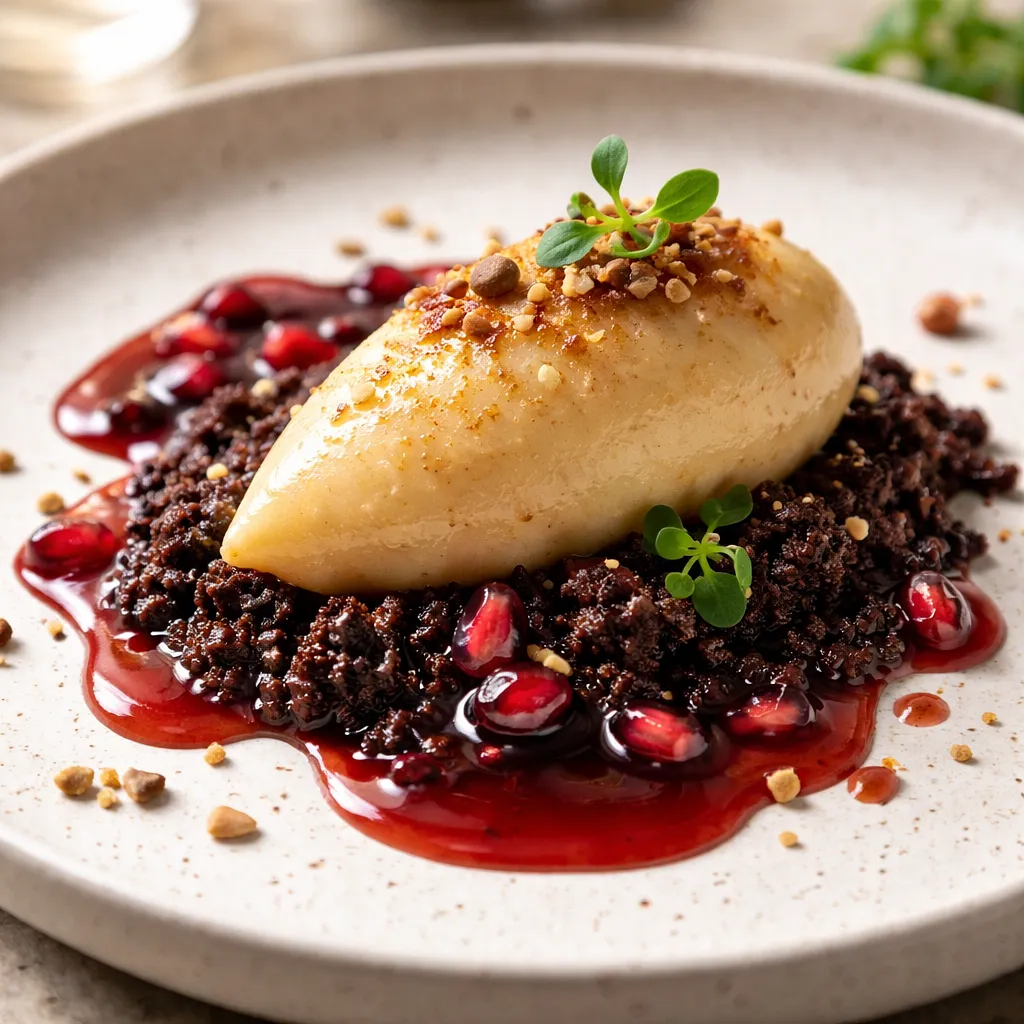 Nowoczesny mus z pieczonej gruszki na czekoladowym crumble z winno-granatowym sosem - zdjęcie 1