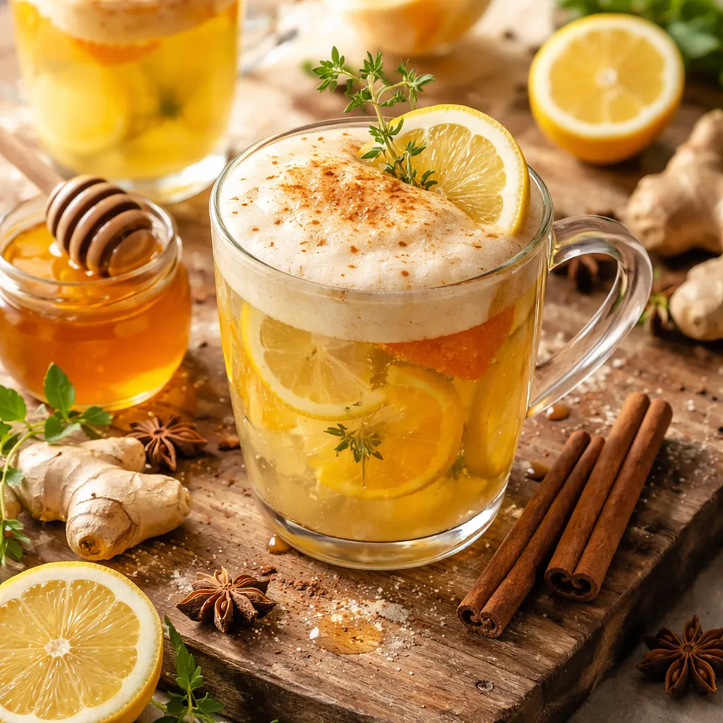 Tradycyjny rozgrzewający napój cytrusowo-imbirowy z miodową pianką - zdjęcie 1