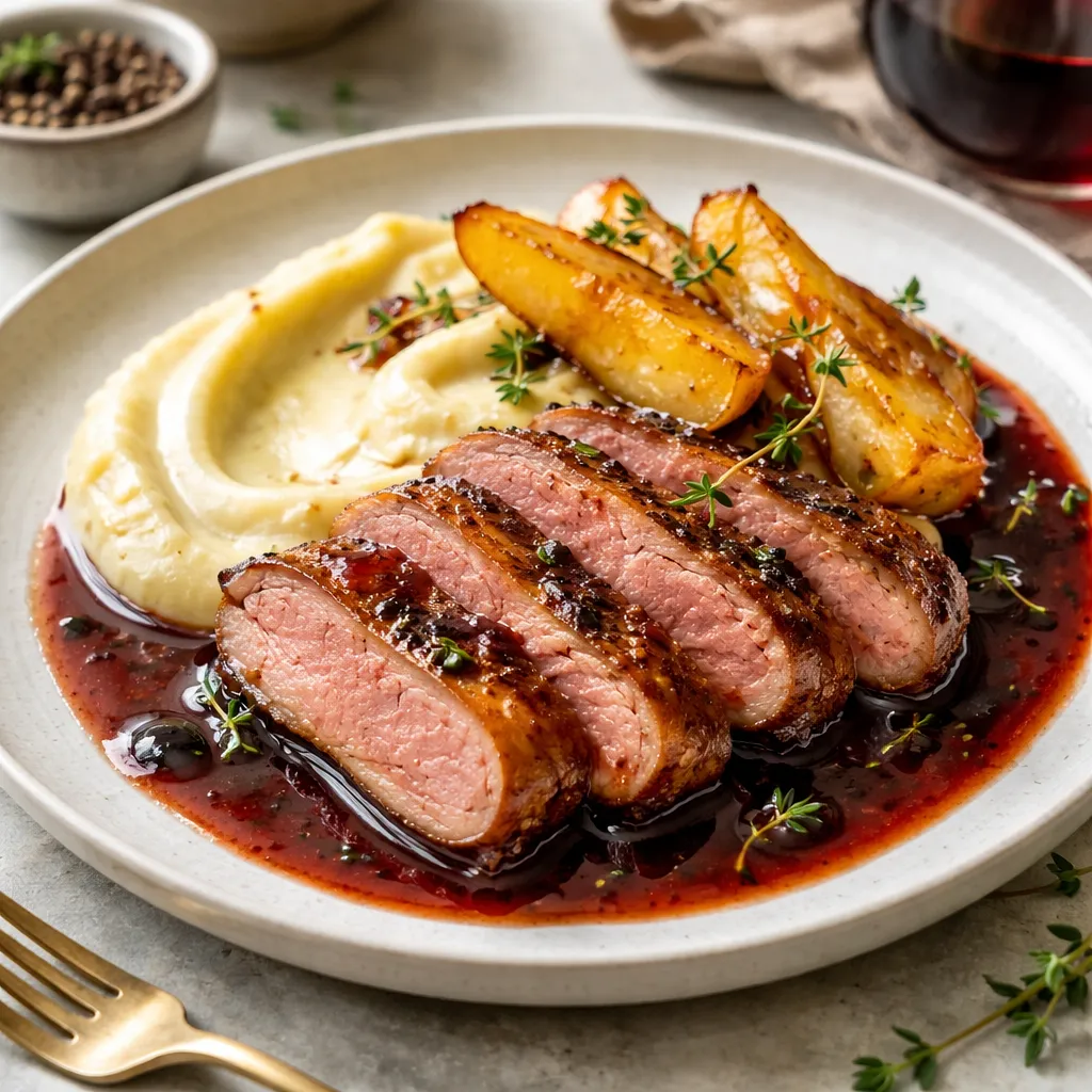 Duck breast in red wine sauce, celery purée, and caramelized pears - photo 1