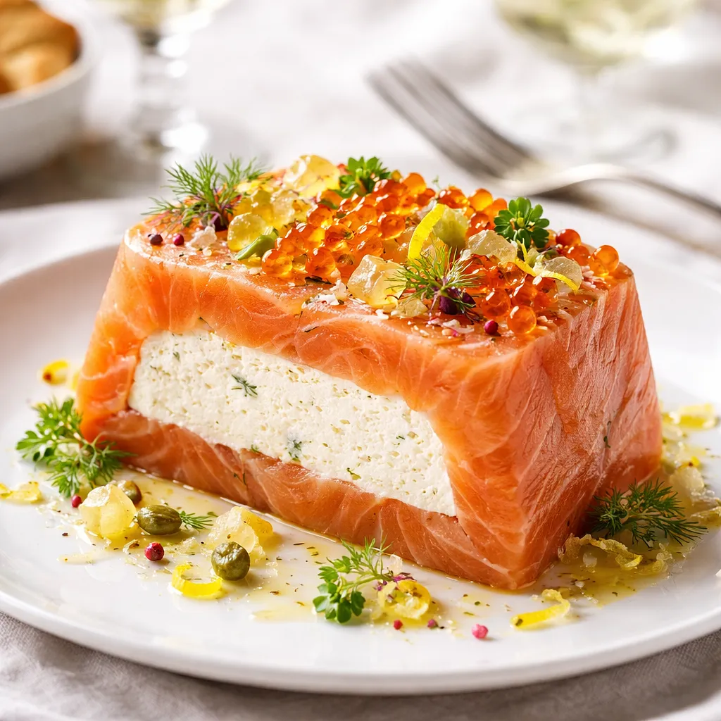 Elegancka terrina z wędzonego łososia z musem chrzanowym i galaretką cytrusowo-winą - zdjęcie 1