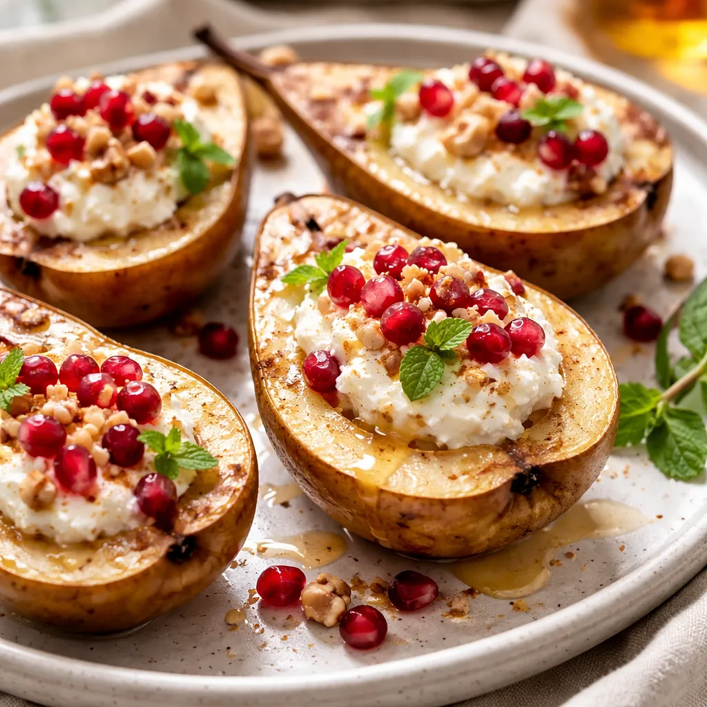 Przepis na: Szybkie pieczone gruszki z kremem ricotta i ziarnami granatu (wariant 6fa0d2bc) - zdjęcie 1