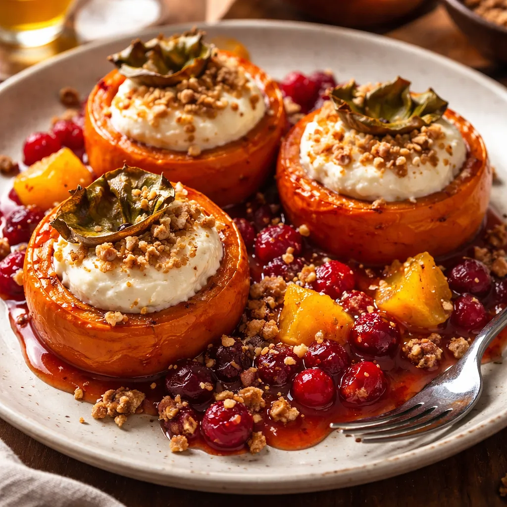 Baked persimmons stuffed with ricotta cream, served with cranberry-orange compote and nut crumble - photo 1