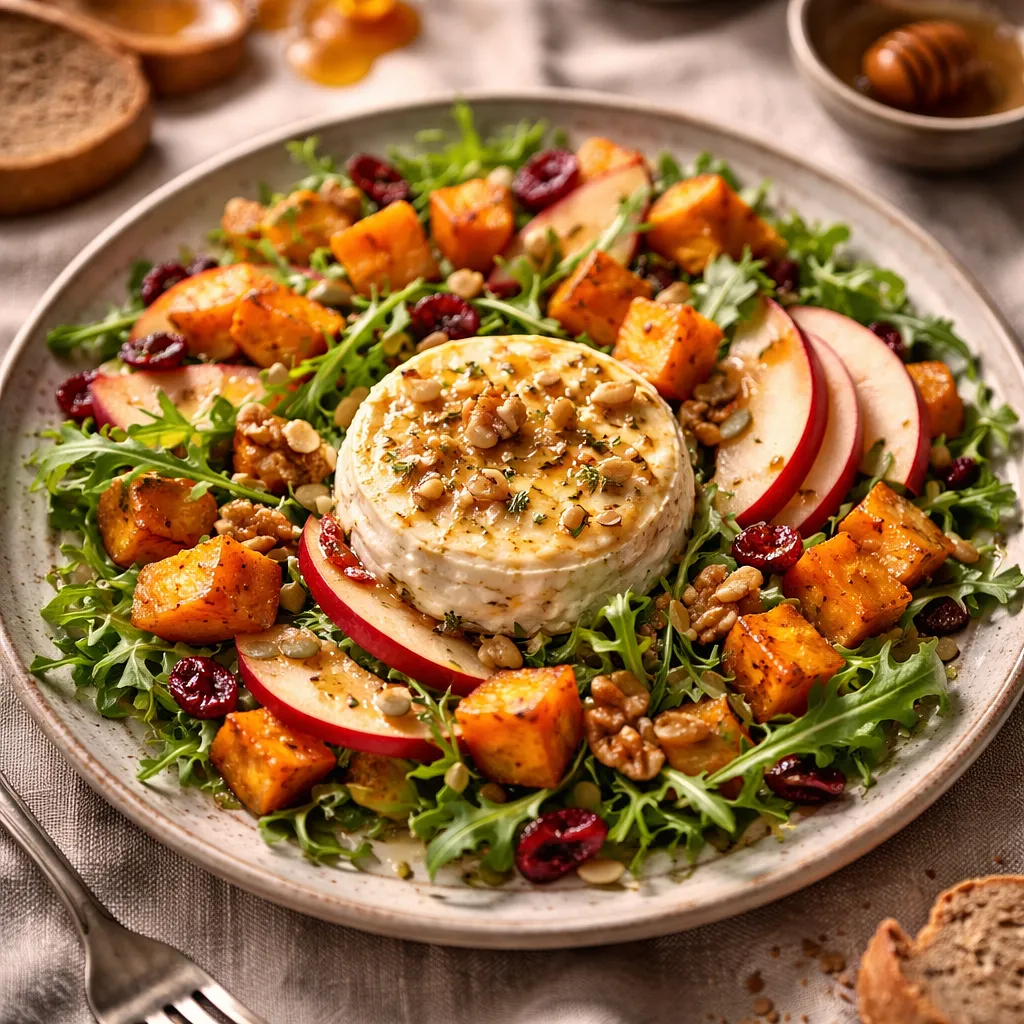 Traditional autumn salad with roasted pumpkin, apple, and baked camembert - photo 1