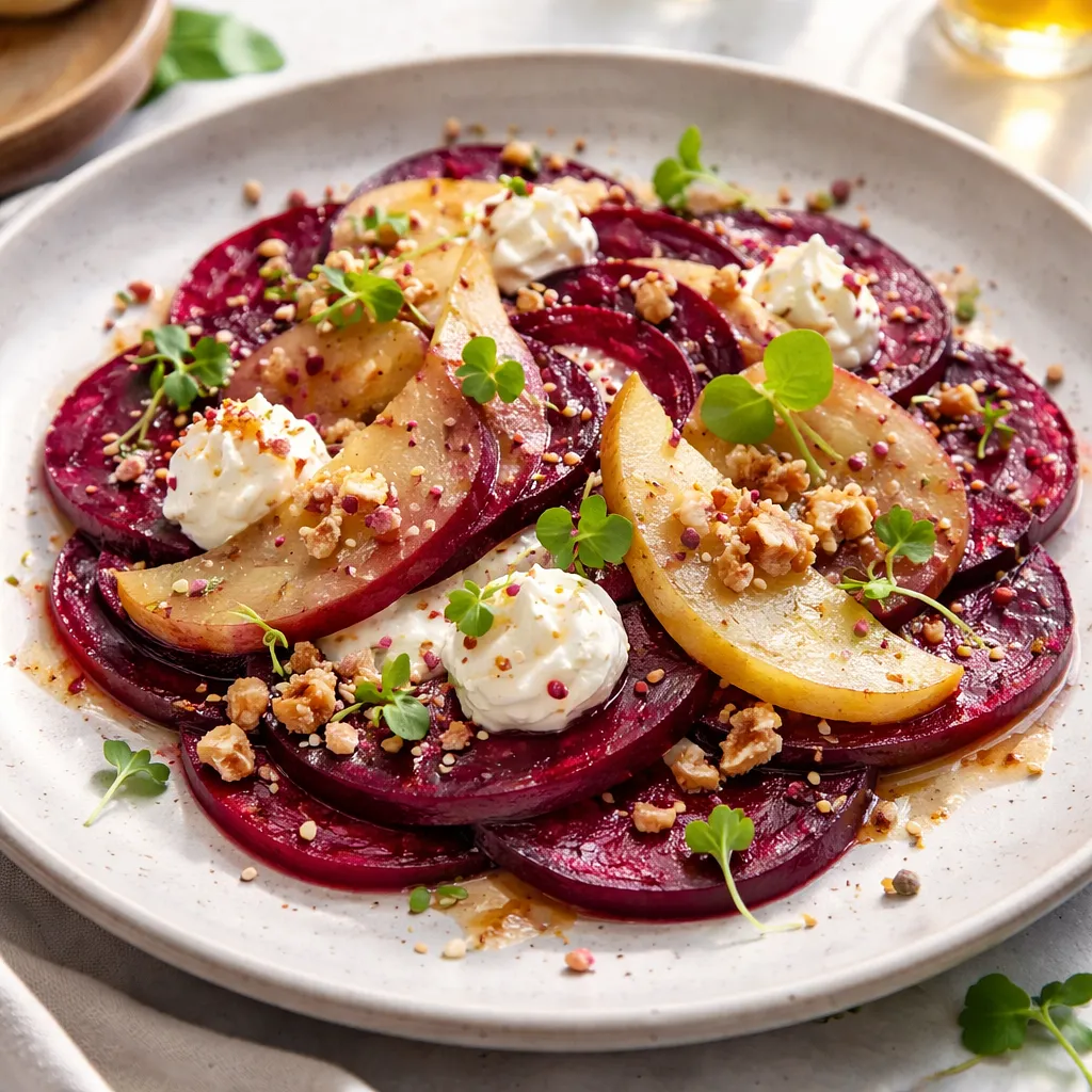 Warstwowe carpaccio z pieczonych buraków z marynowaną gruszką, kremem z koziego sera i orzechowym crumble - zdjęcie 1