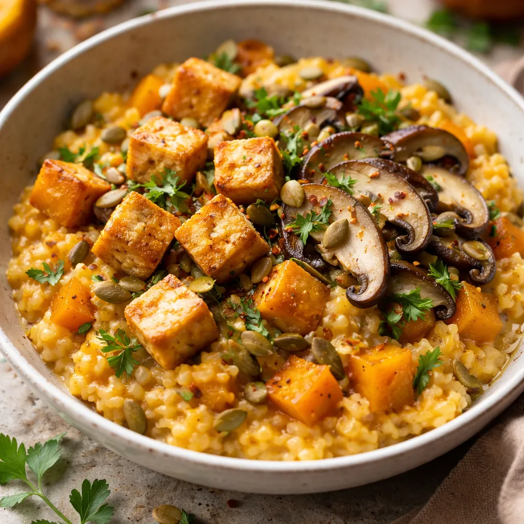 Autumn fusion: creamy risotto with Hokkaido pumpkin, crispy tofu, and pickled shiitake - photo 1