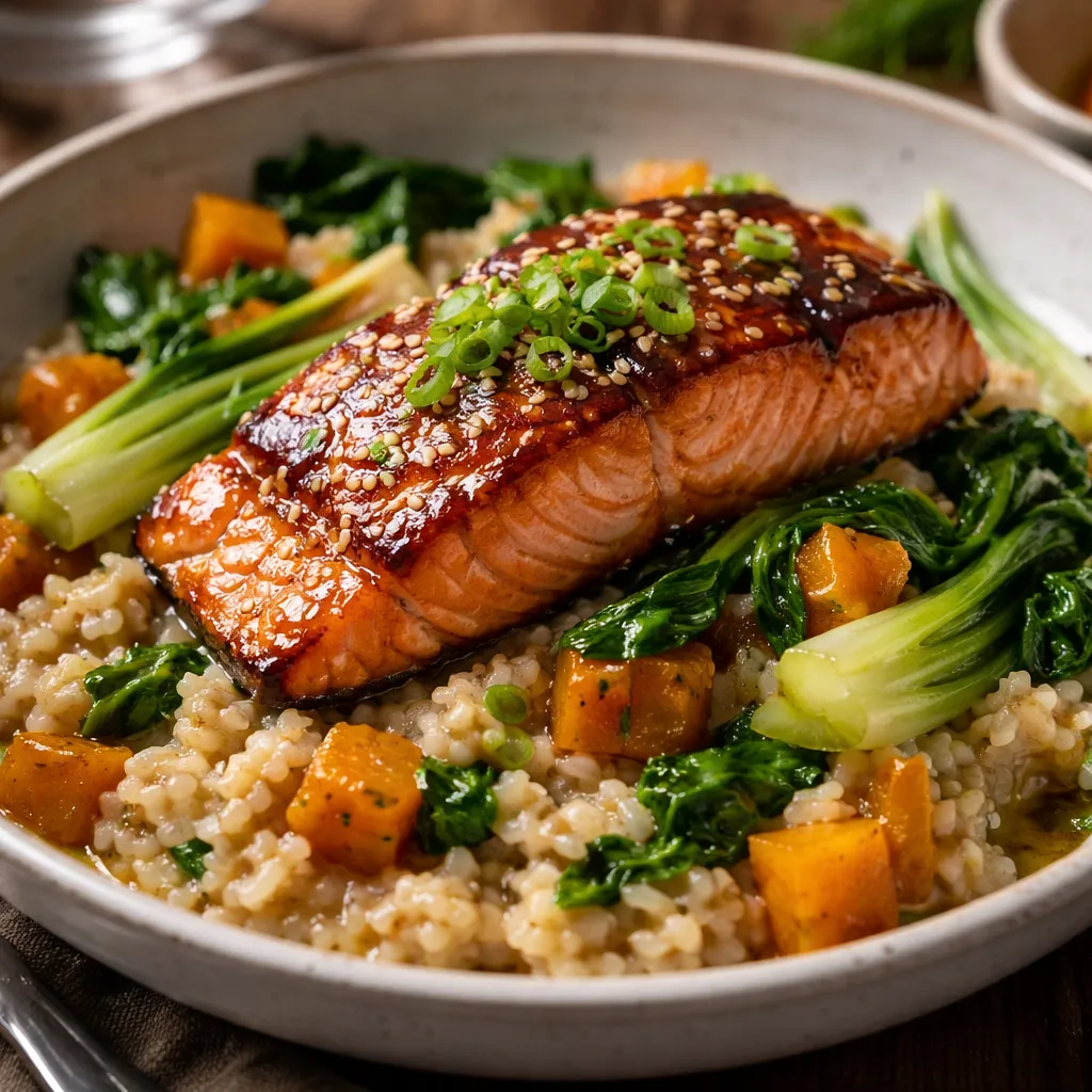 Recipe for: Miso-glazed salmon on winter rice risotto with pumpkin and pak choi (Variant 50fb6798) - photo 1