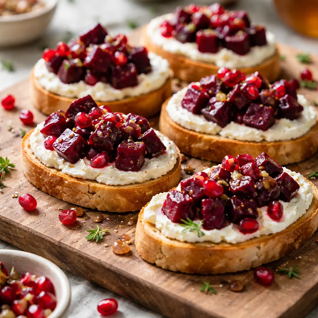Recipe for: Party Crostini with Roasted Beetroot, Goat Cheese Cream, and Pomegranate Seeds - photo 1