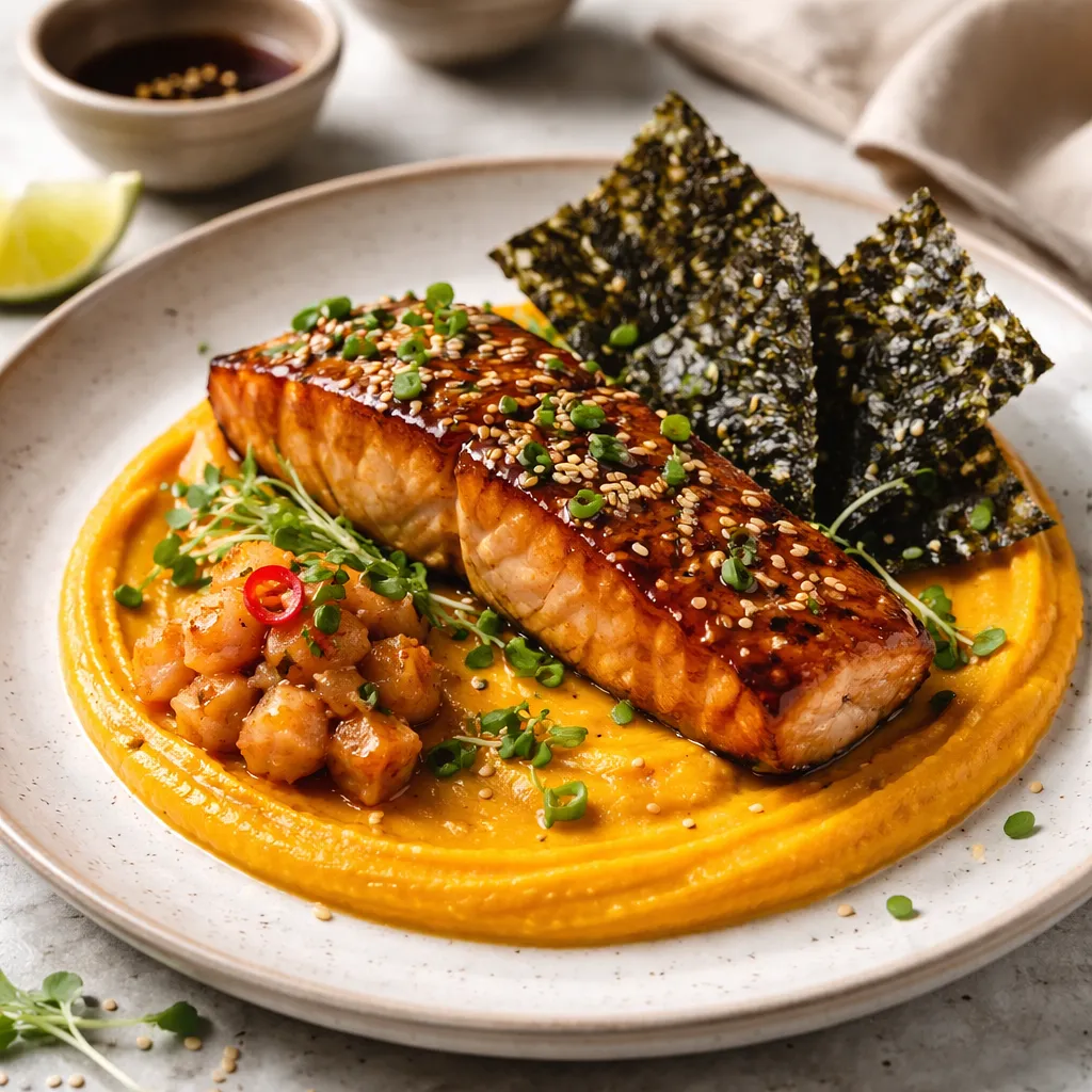 Nowoczesny łosoś miso z puree z dyni Hokkaido, kimchi z gruszki i chipsami nori (wariant e281024b) - zdjęcie 1