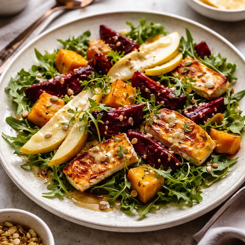 Winter fusion salad with roasted pumpkin, smoked beetroot, pear, and halloumi with miso-orange dressing - photo 1