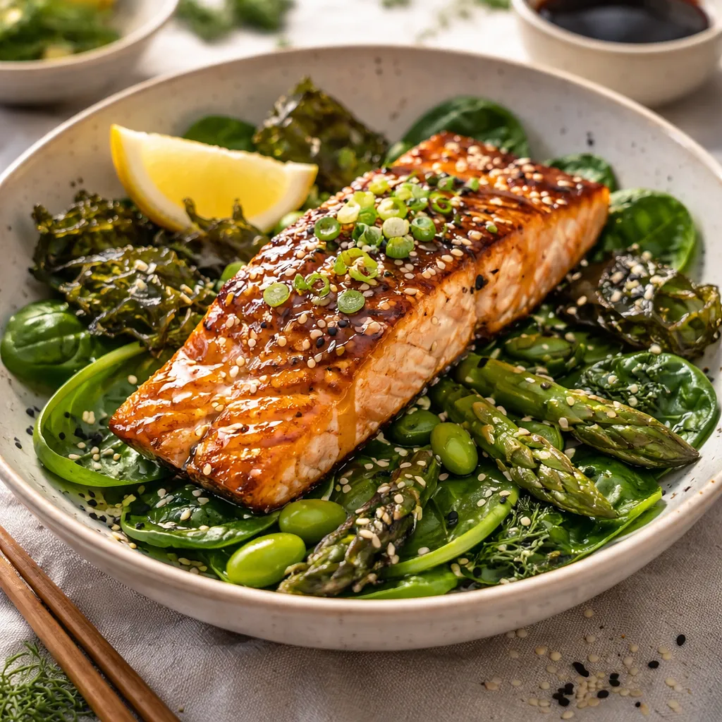 Wiosenny azjatycko-fusion filet z łososia na łóżku z młodego szpinaku, szparagów i chrupiących nori (wariant a0db6b27) - zdjęcie 1