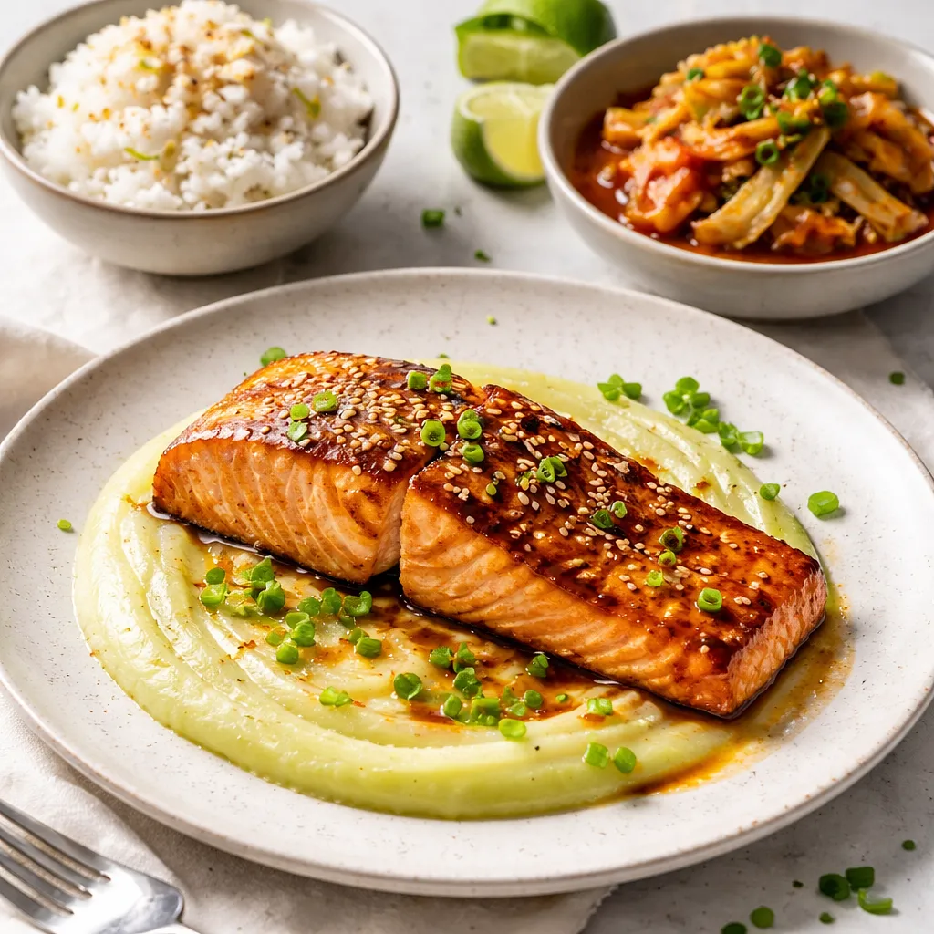 Modern Miso-Yuzu Salmon on Celery Puree with Coconut Rice and Crunchy Quick Kimchi - photo 1