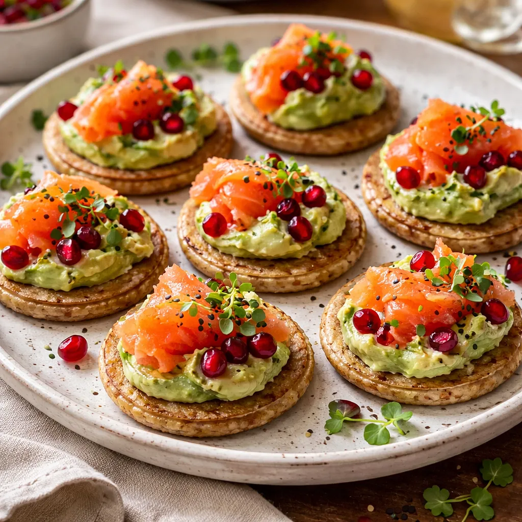 Recipe for: Mini buckwheat-wheat pancakes with smoked salmon, avocado cream, and pomegranate (variant 85357a15) - photo 1