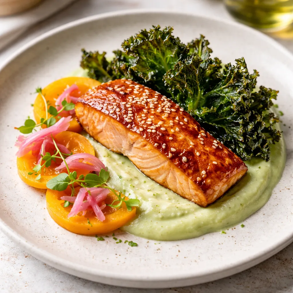 Łosoś miso z puree z selera, piklowanym kaki i chipsami z jarmużu - zdjęcie 1