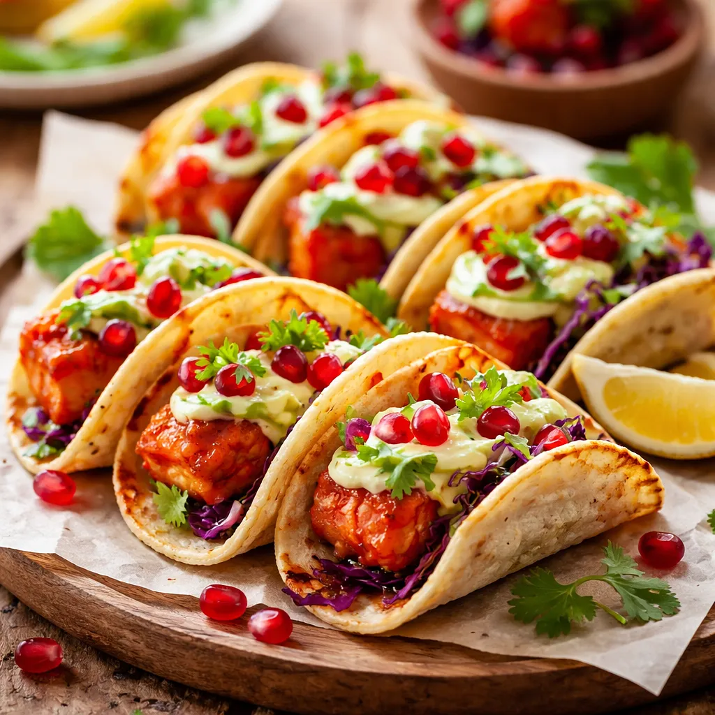Mini tacos fusion: łosoś w glazurze sriracha-miód z kremem z awokado i granatem - zdjęcie 1