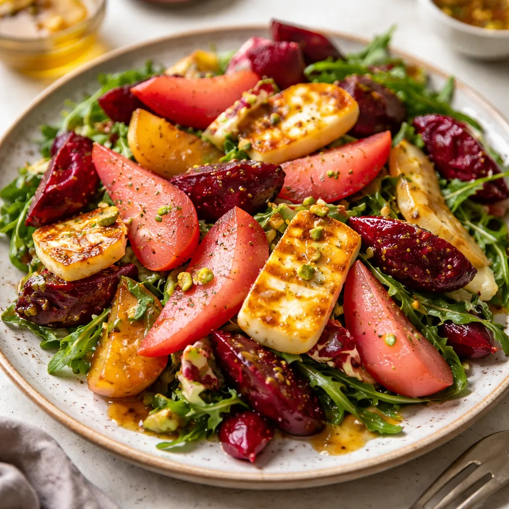 Fusion zimowa sałatka z pieczonych buraków, komosy, marynowanej gruszki i halloumi z dressingiem tamaryndowo-tahini - zdjęcie 1