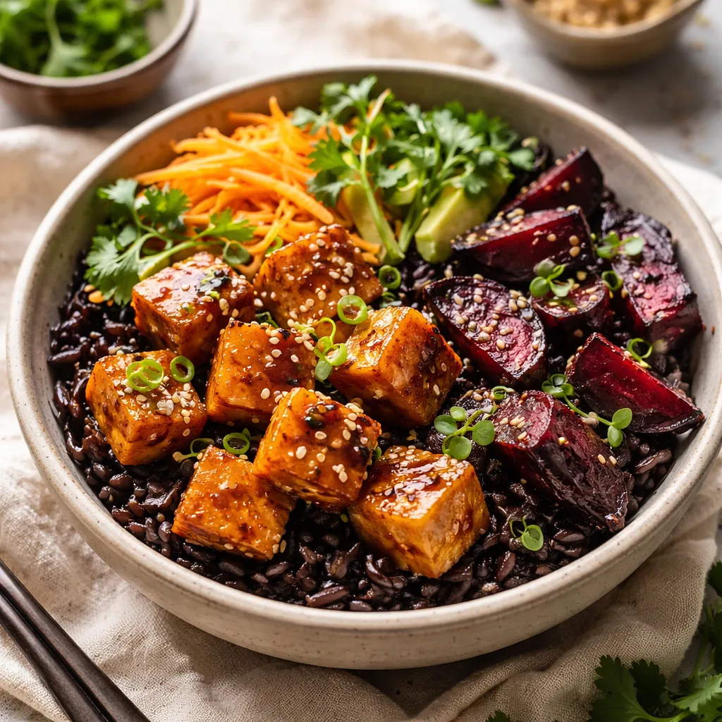 Przepis na: Sezonowy azjatycko-fusion bowl z czarnym ryżem, glazurowanym tofu i pieczonymi burakami (wegańskie) - zdjęcie 1