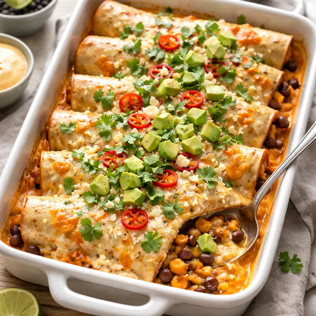 Recipe for: Enchiladas with roasted butternut squash and black beans in a creamy chipotle-lime sauce - photo 1