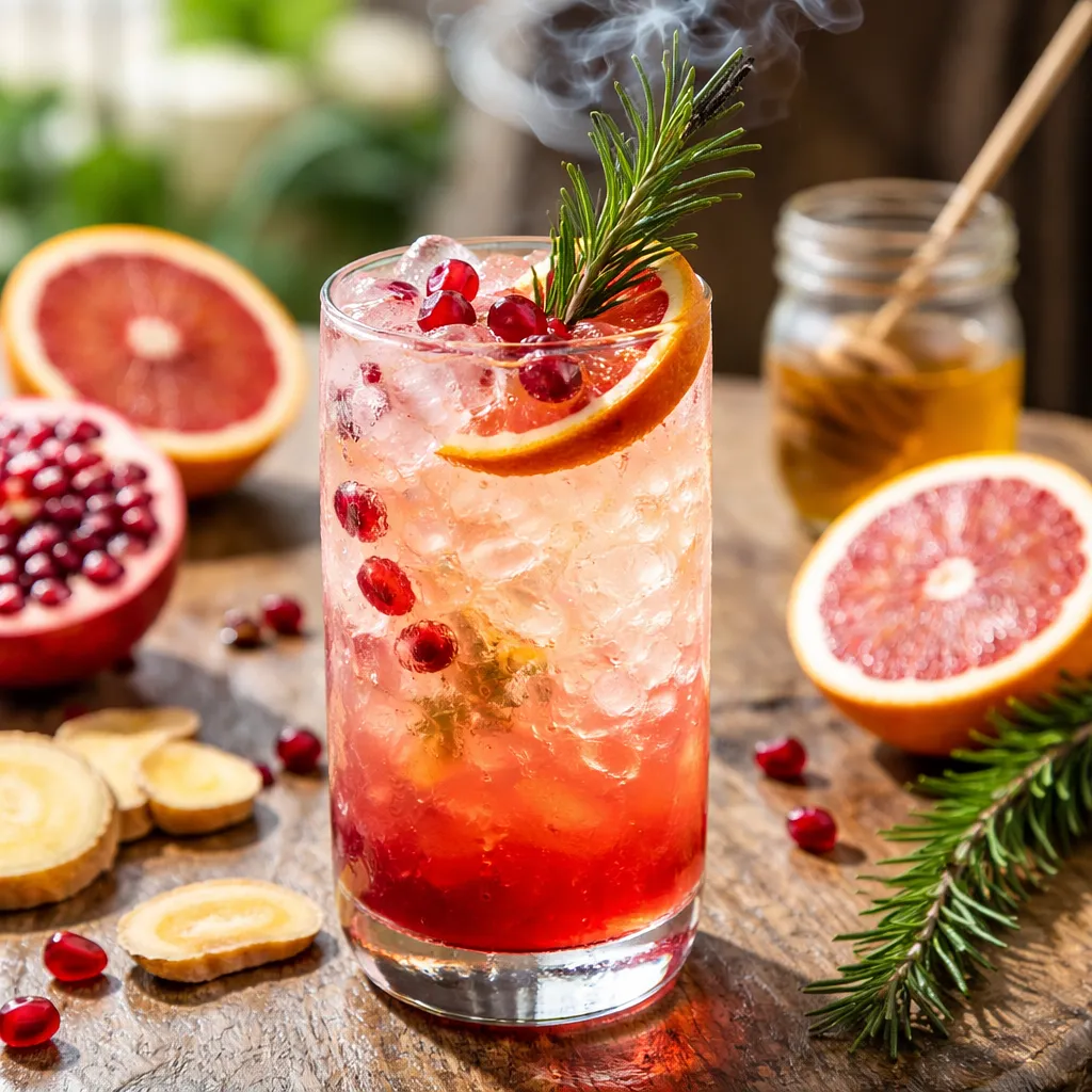 Sparkling citrus-pomegranate cocktail with ginger-honey syrup and smoky rosemary sprig (version e43ee570) - photo 1