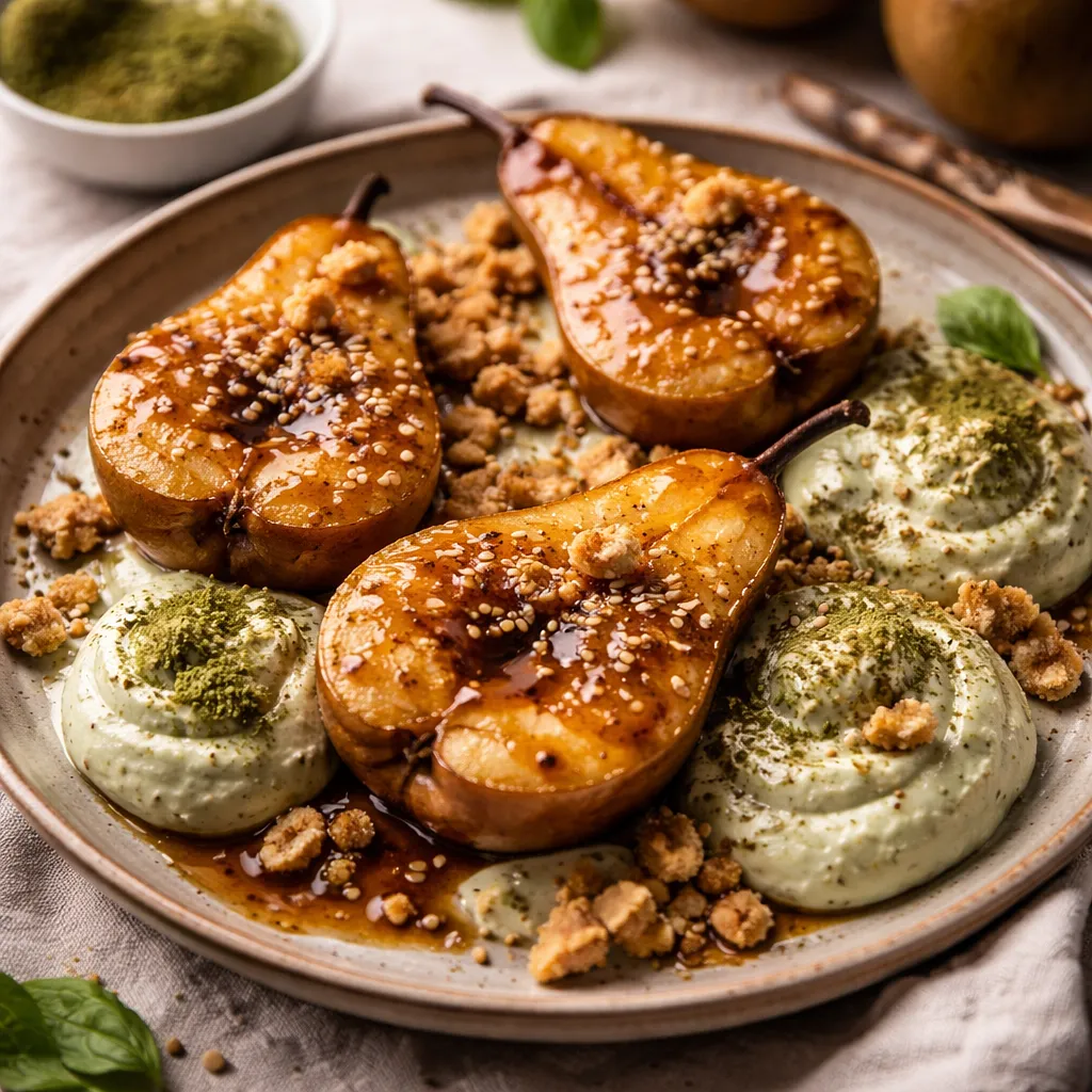 Pieczone gruszki w miso-karmelu z kremem ricotta-matcha i kruszonką herbatnikową (fusion, wariant 2cf274de) - zdjęcie 1