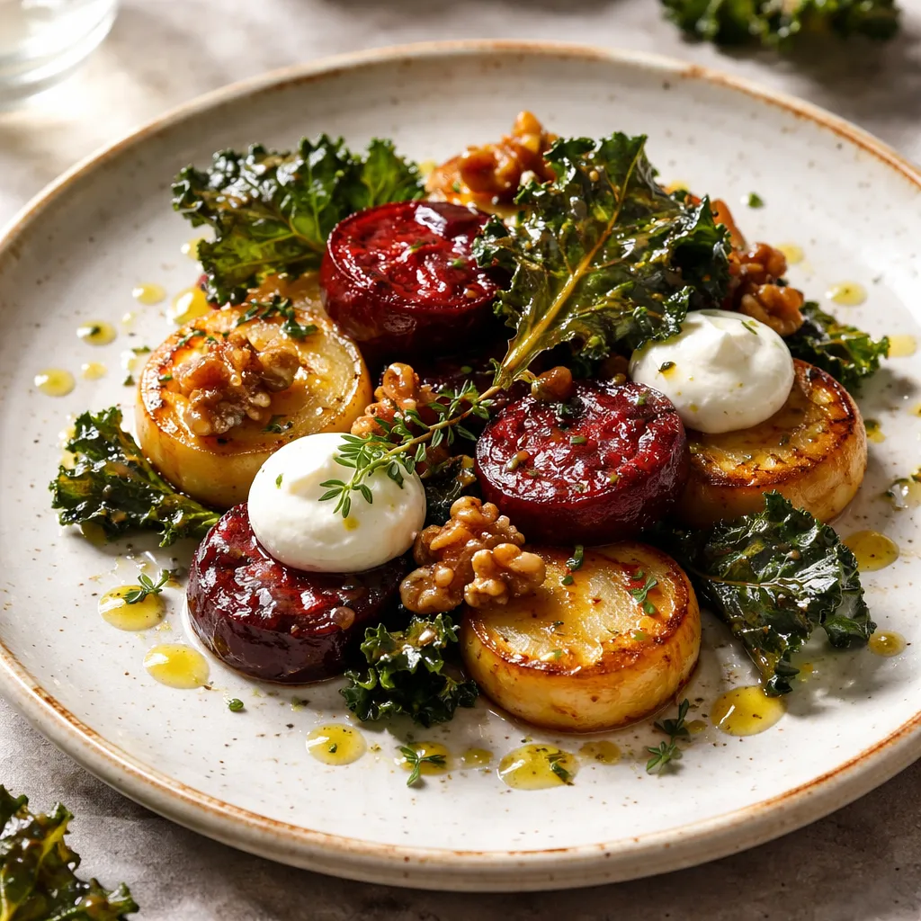 Celeriac and roasted beet tenderloins with goat cheese mousse, kale chips, and candied nuts - photo 1