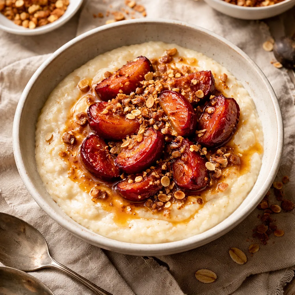 Jesienna kremowa semolina z korzennymi pieczonymi śliwkami i migdałowym crumble (wariant 27008e21) - zdjęcie 1