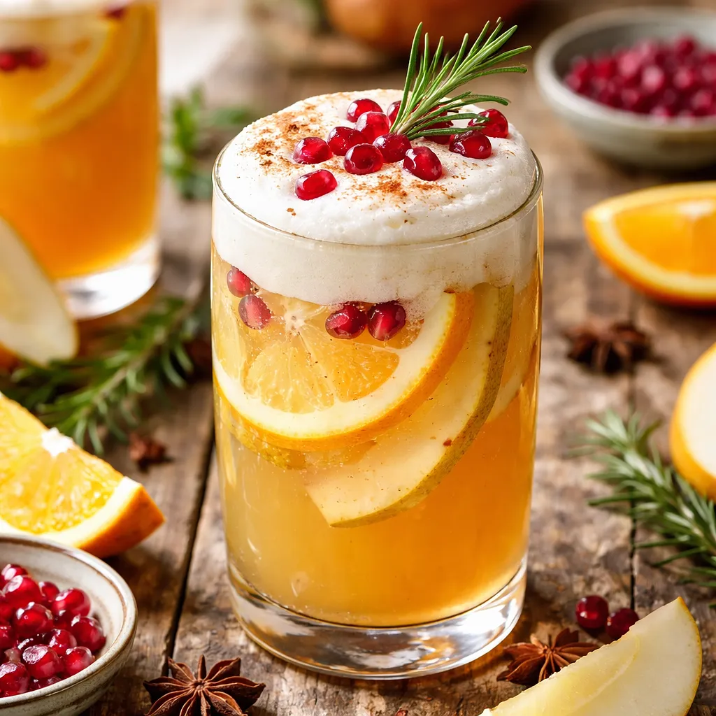 Recipe for: Winter drink: Pear-citrus punch with aquafaba foam, pomegranate, and rosemary - photo 1