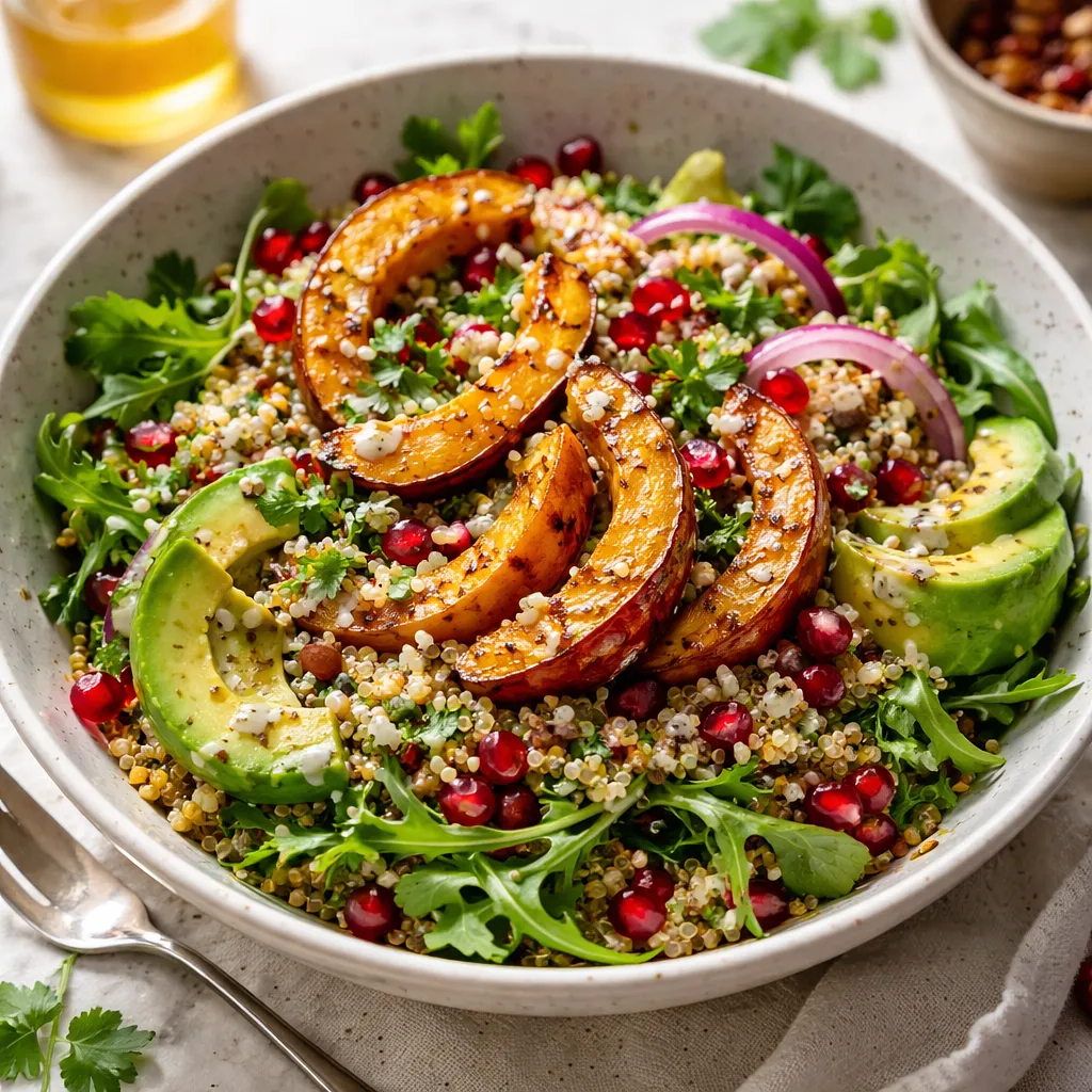 Sałatka fusion: pieczona dynia hokkaido z komosą, granatem i sosem miso-cytrusowym - zdjęcie 1