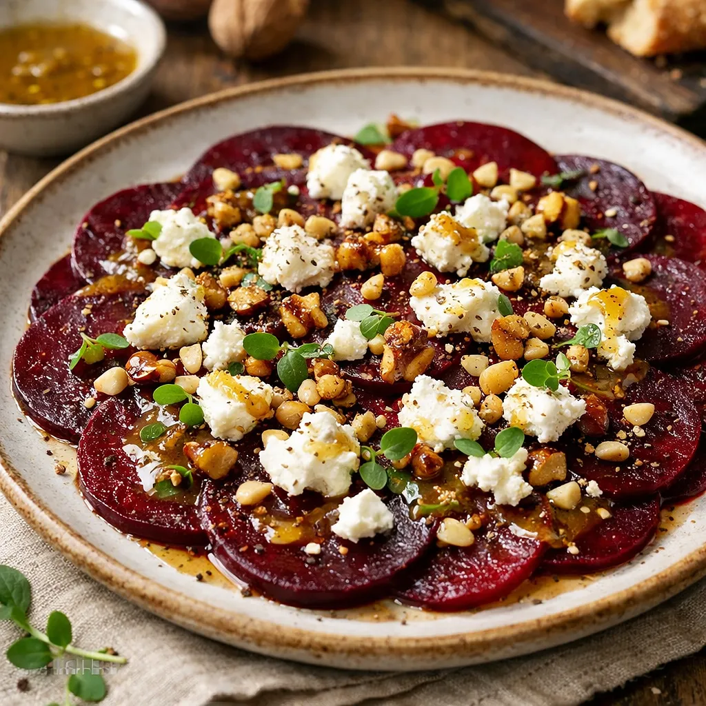 Przepis na: Carpaccio z surowych buraków z kozim serem, miodowo-musztardowym dressingiem i orzechami - zdjęcie 1