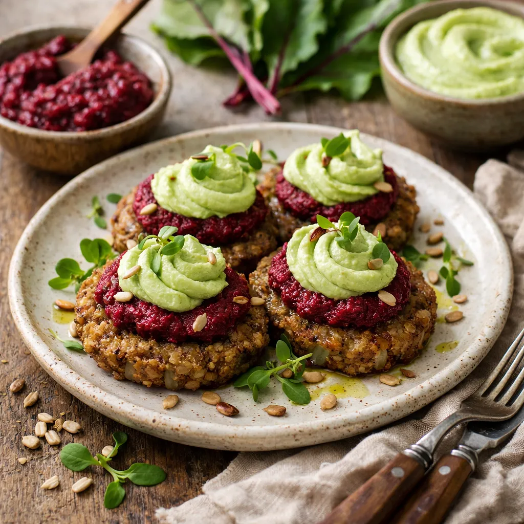 Przepis na: Zero-waste kotleciki z kaszy gryczanej z pieczonym burakiem, pesto z liści buraka i kremem z kapusty kiszonej - zdjęcie 1