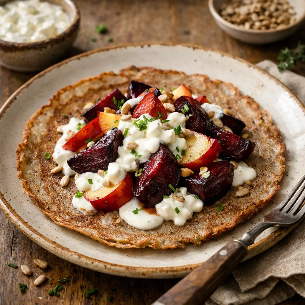 Recipe for: Buckwheat country cake with roasted beets, apples, and cottage cheese buttermilk cream (variant 836ad937) - photo 1