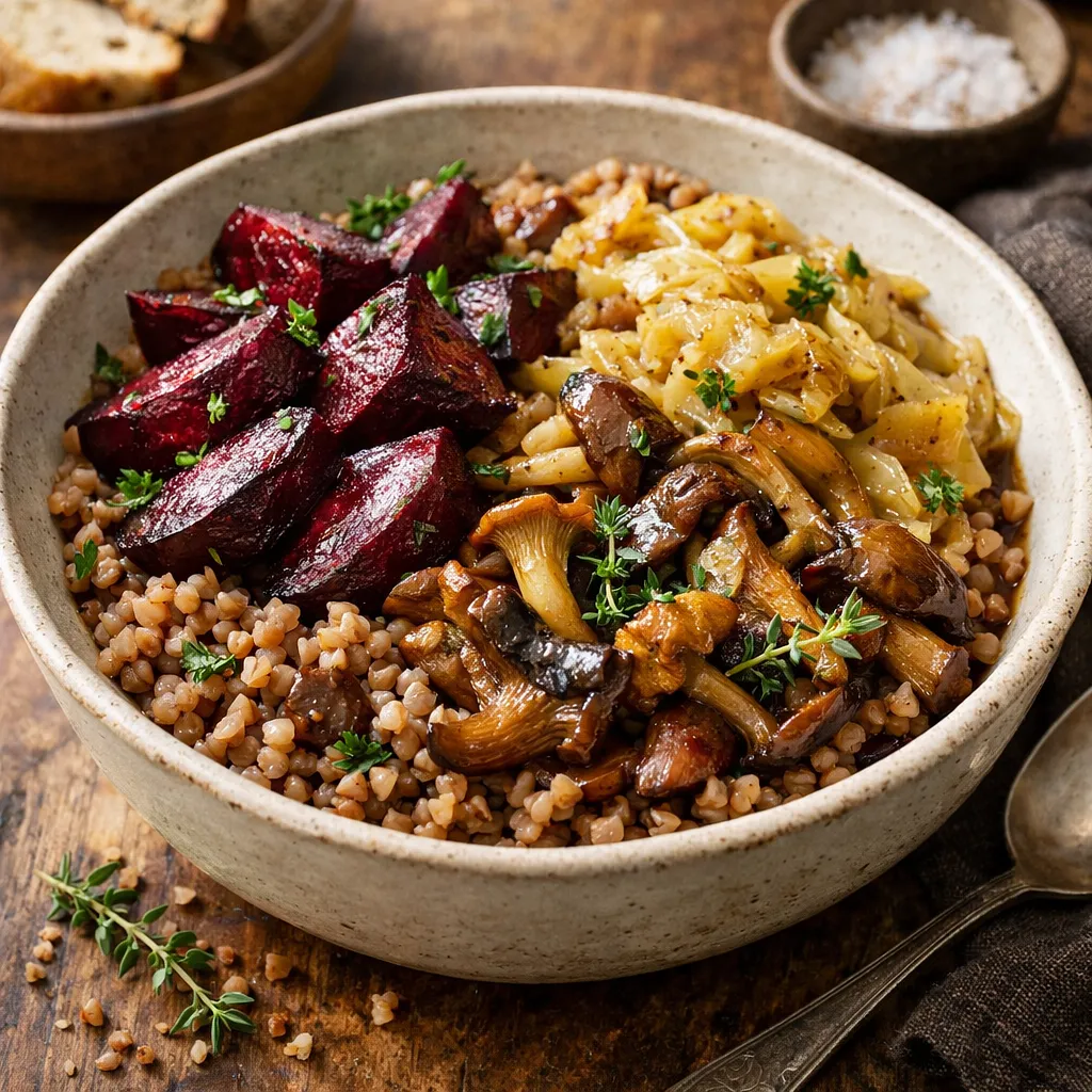Recipe for: Winter Buckwheat-Barley Stew with Roasted Beets, Braised Cabbage, and Forest Mushrooms - photo 1