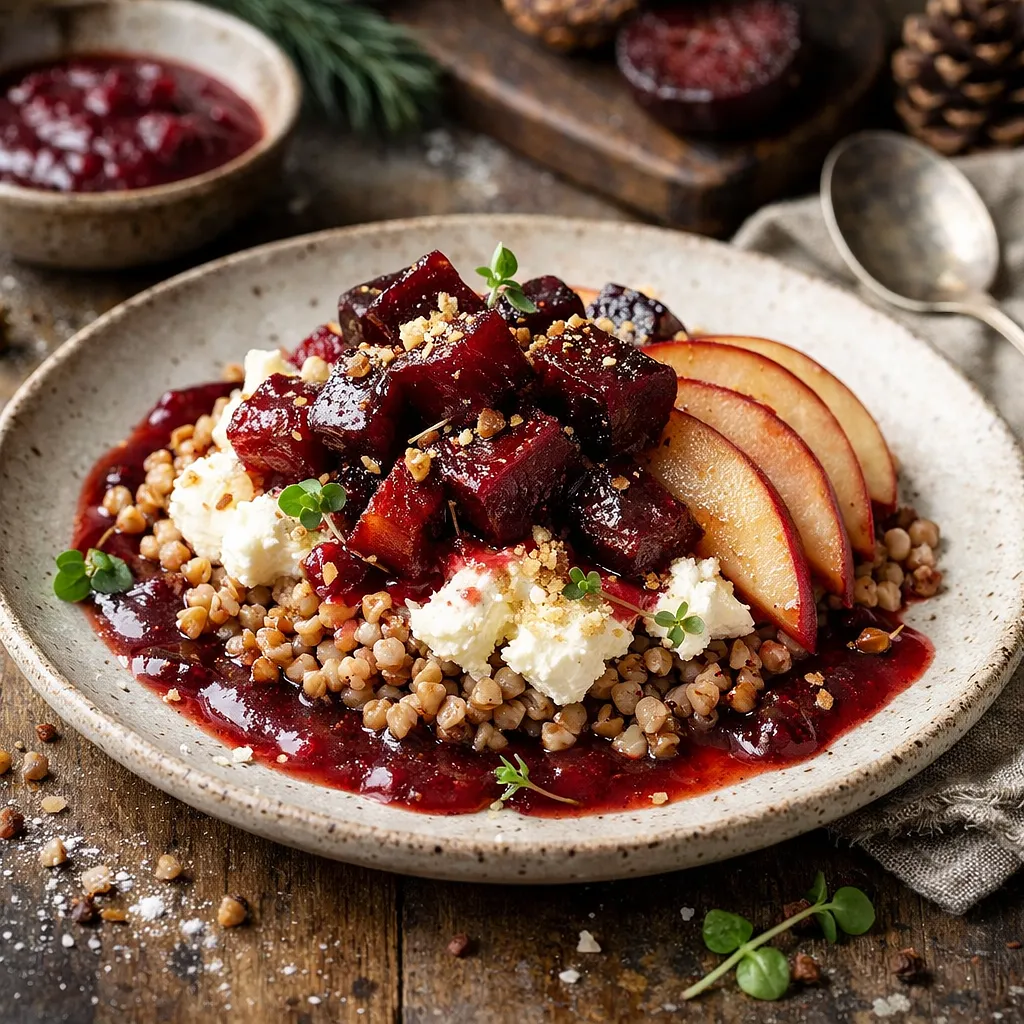 Recipe for: Winter dessert: buckwheat groats with creamy cottage cheese, caramelized beets, and plum-apple sauce - photo 1