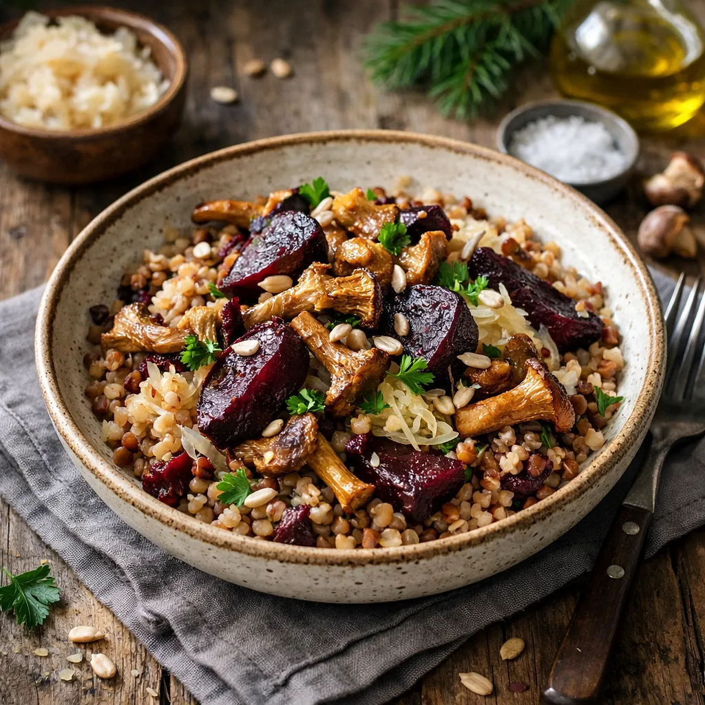 Recipe for: Winter buckwheat salad with roasted beets, sauerkraut, and forest mushrooms - photo 1