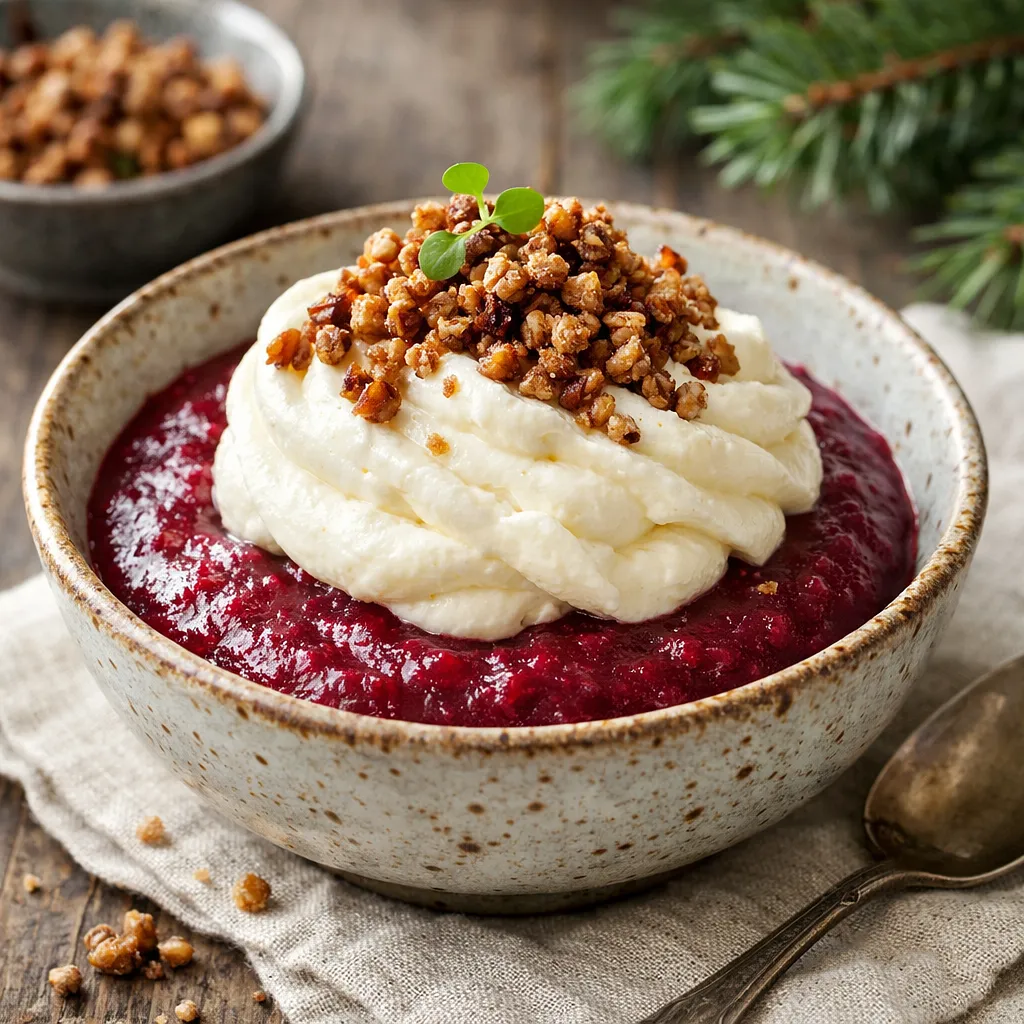 Recipe for: Winter dessert: Roasted beet pudding with cottage cheese mousse, roasted buckwheat crumble, and plum jam - photo 1