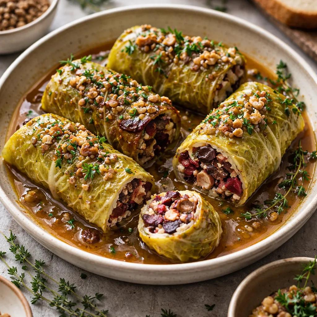 Recipe for: Winter plant-based cabbage rolls with buckwheat, roasted beetroot, and forest mushrooms in apple-plum sauce — variant 14621a67 - photo 1