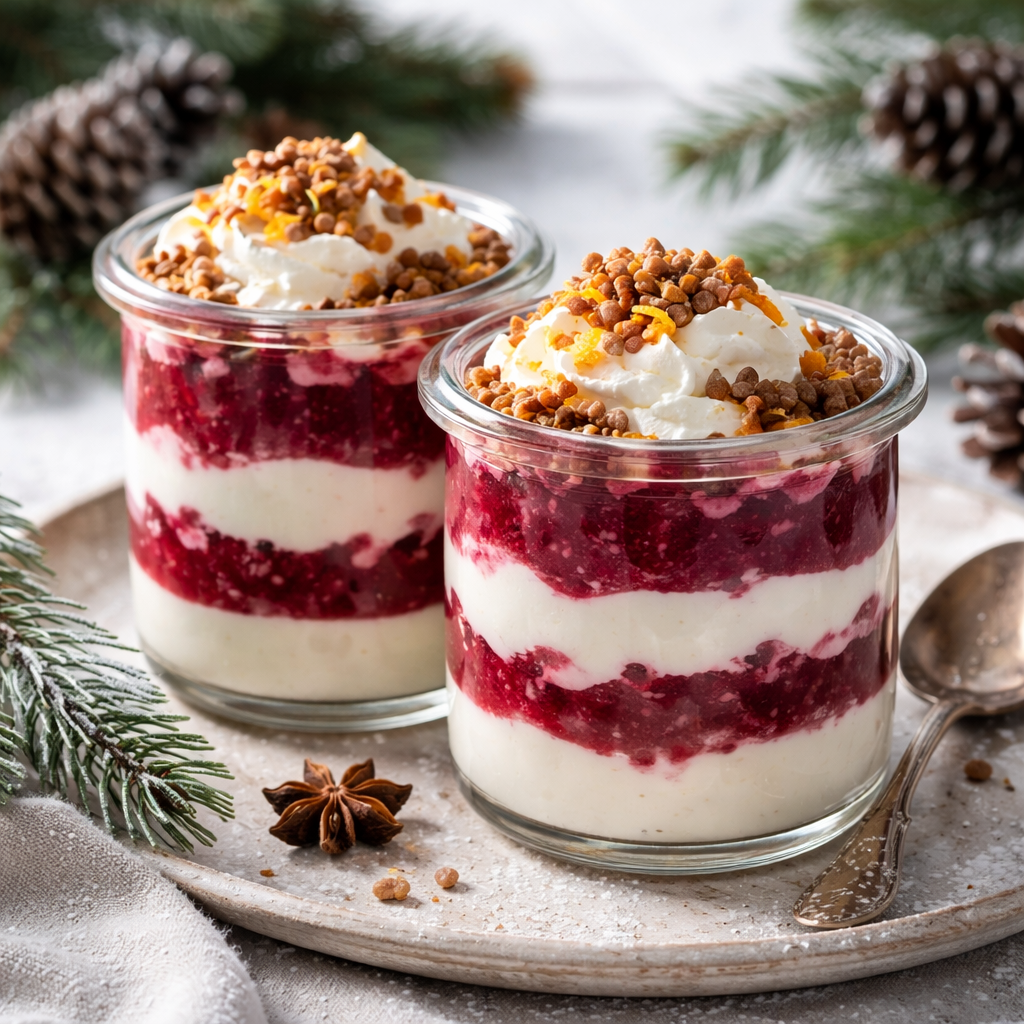 Recipe for: Winter cups with cottage cheese and buttermilk cream, beetroot jam, and toasted buckwheat. - photo 1