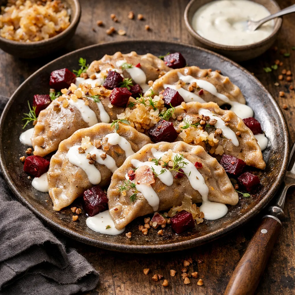 Recipe for: Pierogi fusion: buckwheat with cottage cheese, roasted beets and sauerkraut, buttermilk-horseradish sauce with plum and apple chips - photo 1