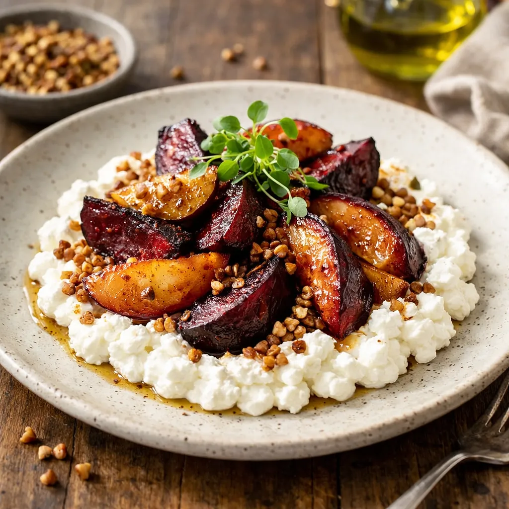 Recipe for: Creamy cottage cheese with roasted beets, toasted buckwheat, and caramelized apples with plum - photo 1