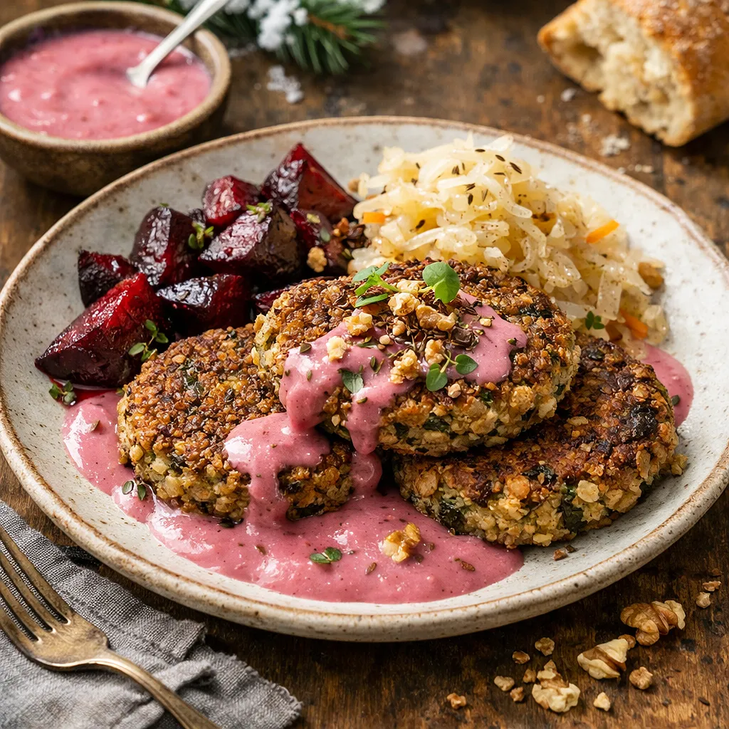 Recipe for: Buckwheat winter patties with roasted beetroot, sauerkraut, and plum buttermilk sauce — variant 556dab37 - photo 1