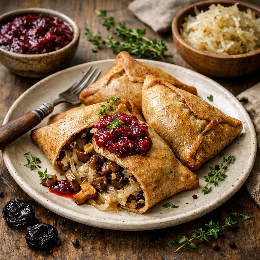 Recipe for: Buckwheat pockets with sauerkraut, forest mushrooms, and plum-beet chutney - photo 1