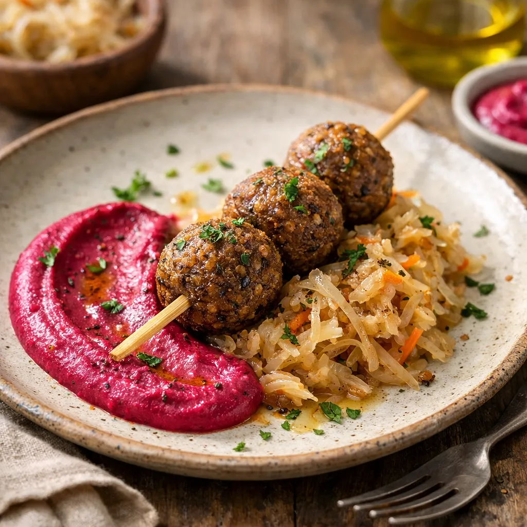 Recipe for: Buckwheat balls on a stick with stewed sauerkraut and roasted beet cream (variant 292194ff) - photo 1