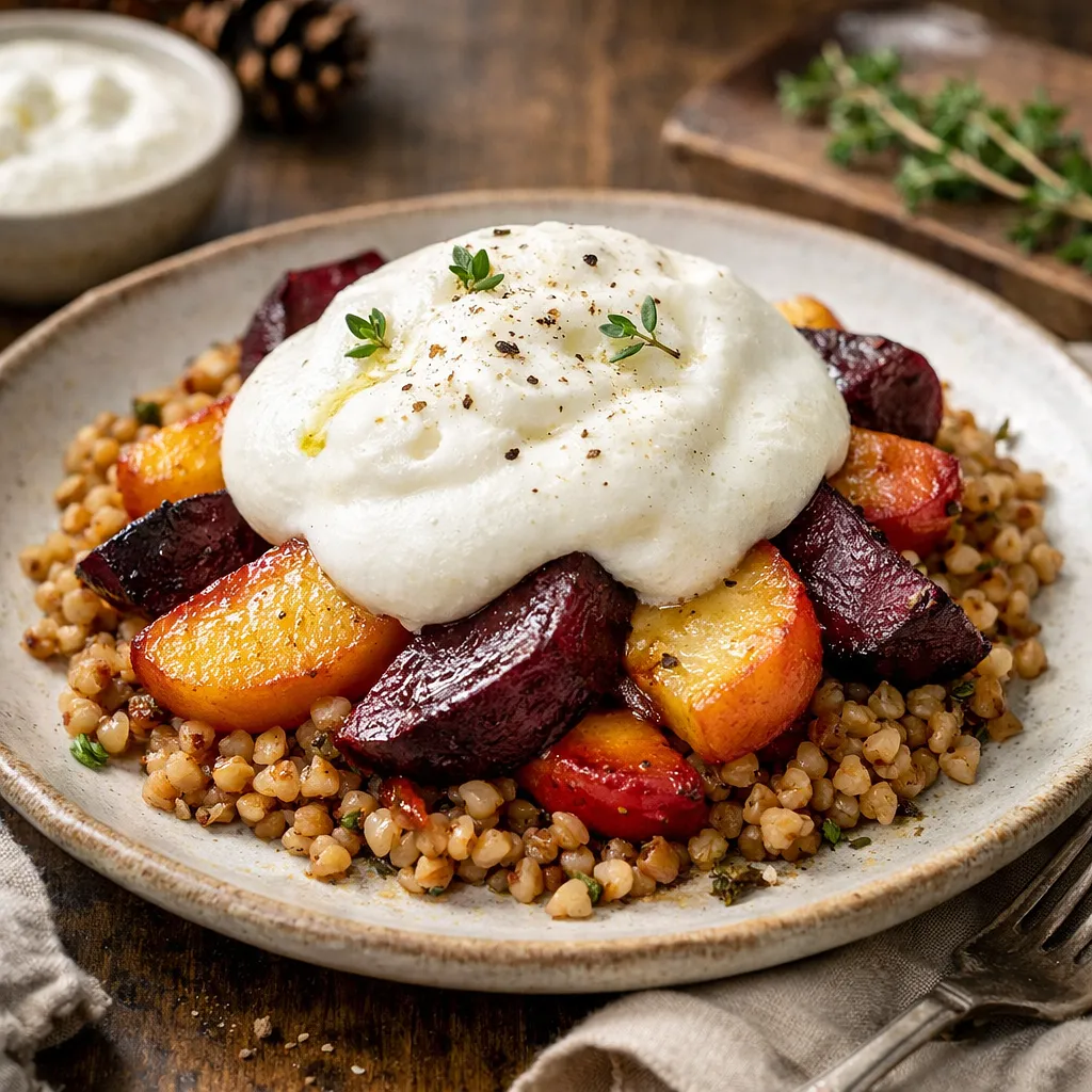 Recipe for: Winter Baked Buckwheat with Caramelized Apples and Roasted Beetroot, Cottage Cheese-Buttermilk Foam and Plum Compote - photo 1