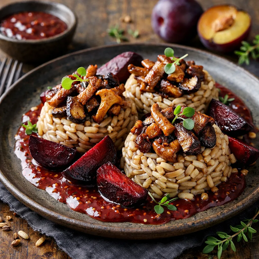 Recipe for: Nests of winter groats with forest mushrooms, caramelized beets, and plum-mustard sauce - photo 1