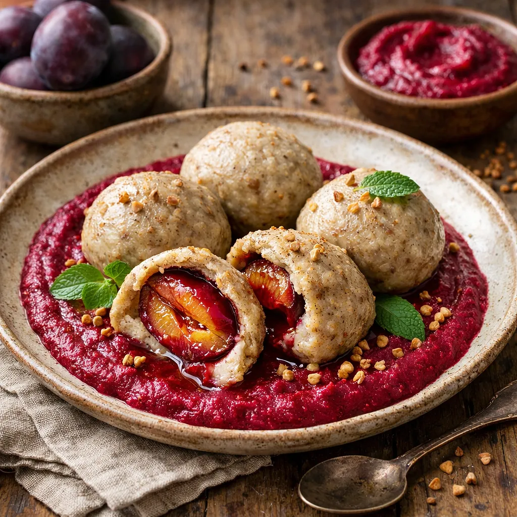 Country dessert: dumplings made of buckwheat and cottage cheese with plum filling, roasted beetroot mousse, and toasted spelt - photo 1